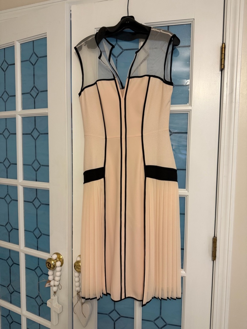 BCBGMaxAzria Blush and Black Sheer-Panel Pleated Mini Dress
